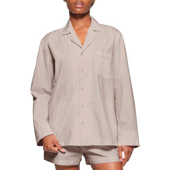 SKIMS Cotton Poplin Sleep Button Up Gray Long Sleeve Lightweight Women's S - Picture 1 of 11